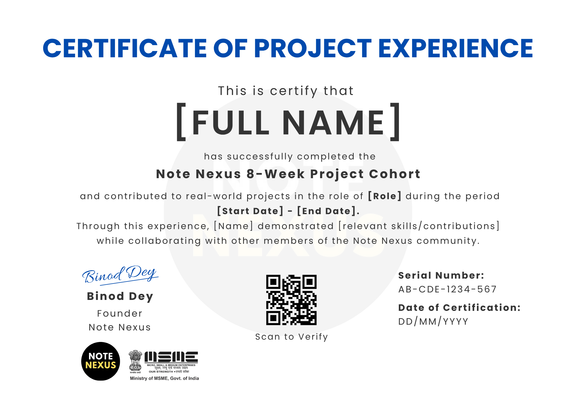 Sample Note Nexus certificate of project experience