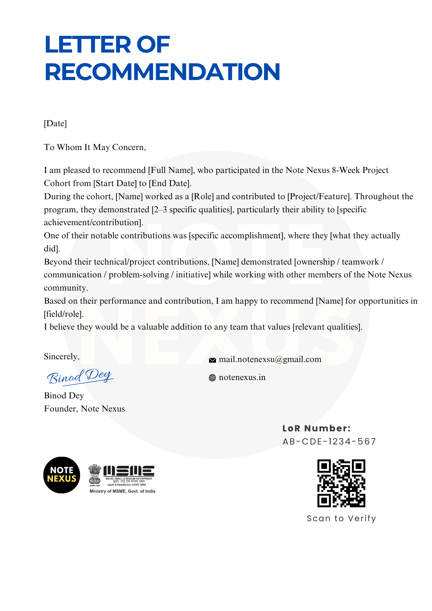 Sample Note Nexus letter of recommendation
